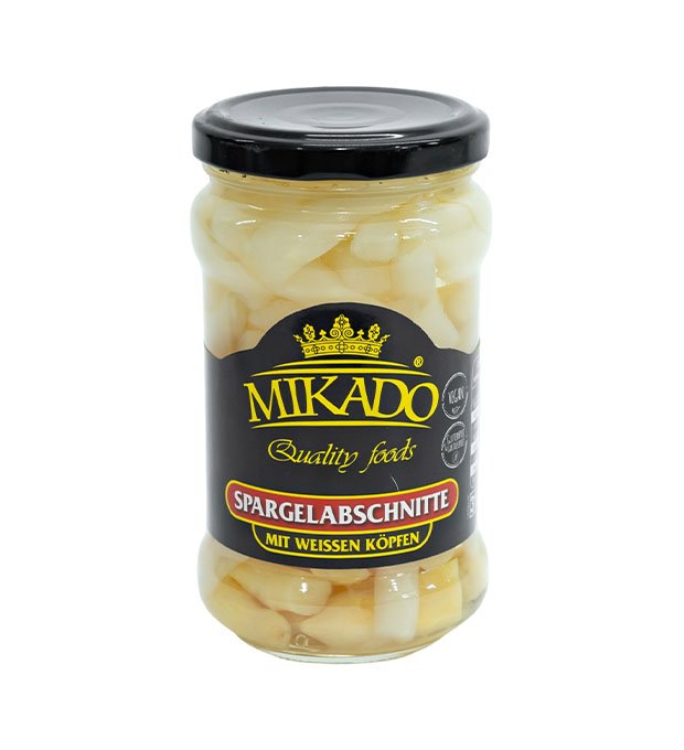 canned white asparagus tips and cuts in jar