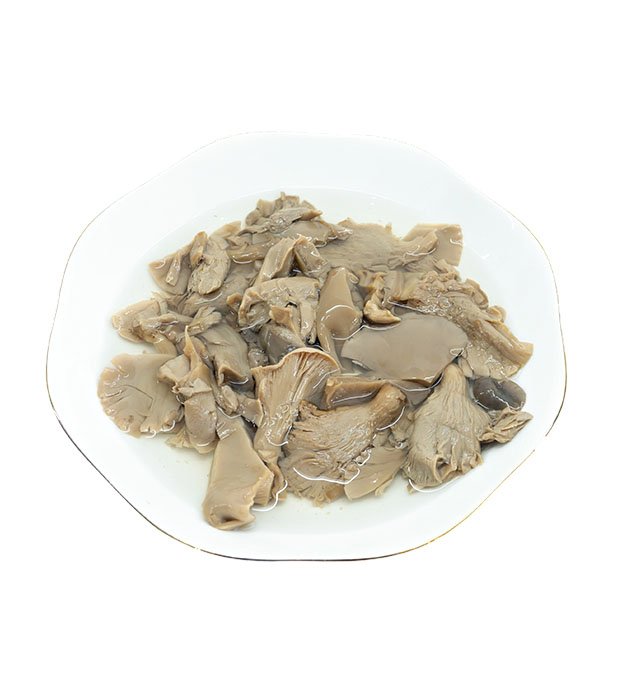 canned grey oyster mushrooms close up