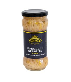 mungbean sprouts in glass jars close up