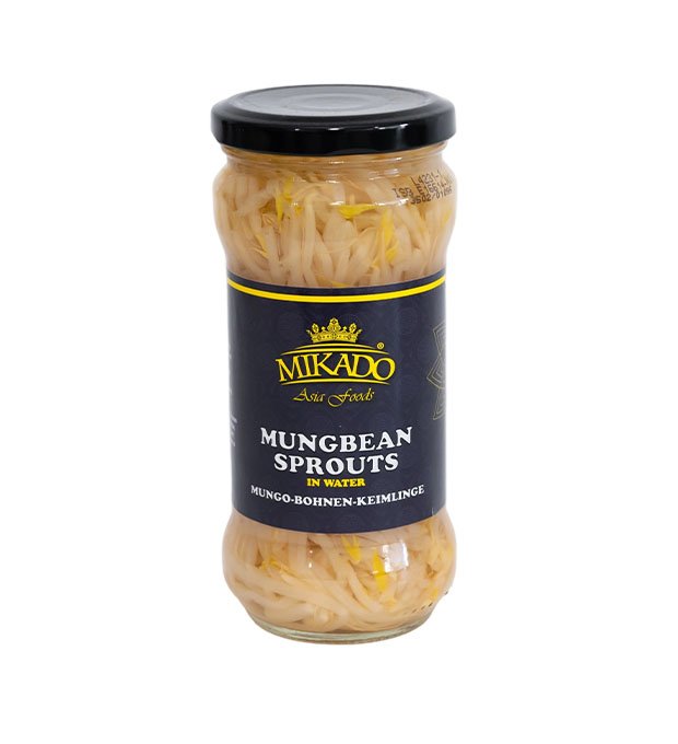 mungbean sprouts in glass jars close up