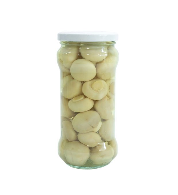 champignon mushrooms in brine jars