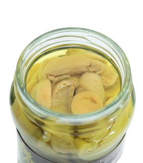 glass jars of sliced mushrooms for retail