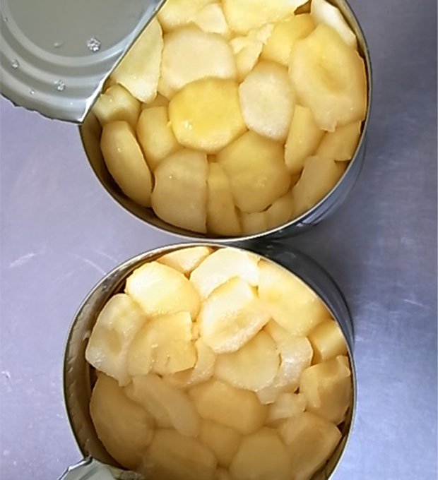 peeled apple chunks in tin can