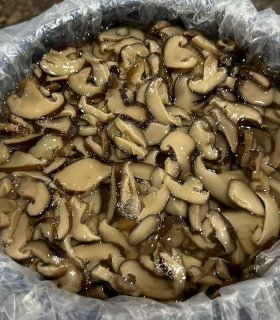 brined shiitake slices in industrial drum packaging
